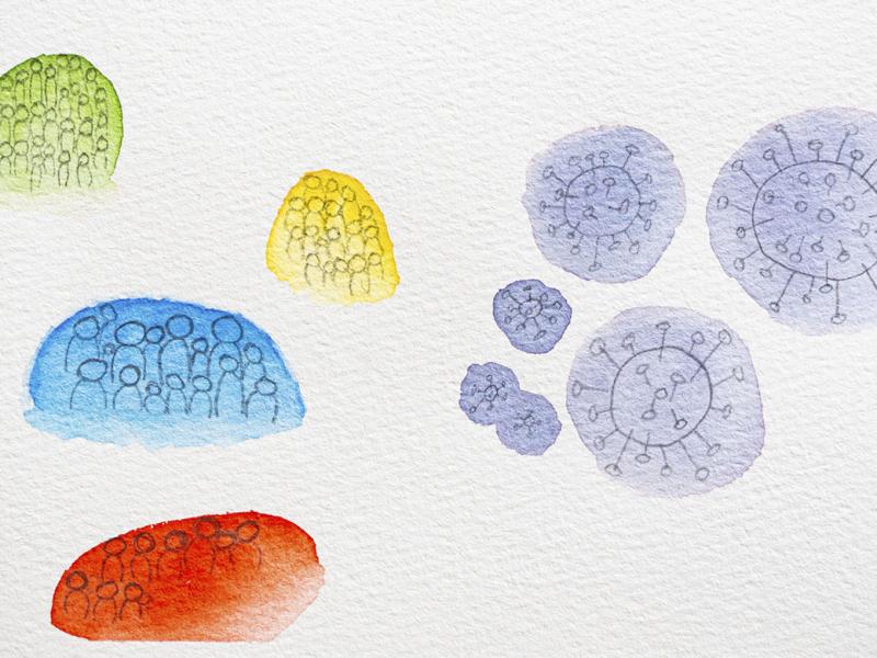 Watercolor with groups of people and virus representations