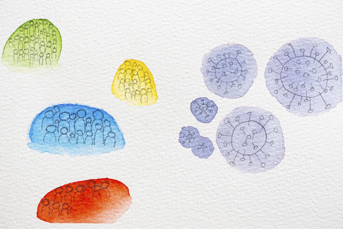 Watercolor with groups of people and virus representations