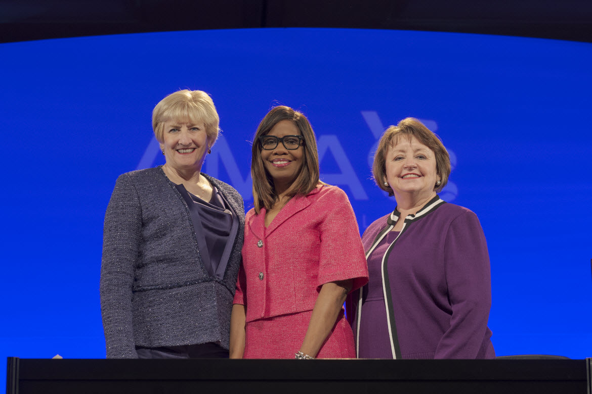 Photo of the AMA's three consecutive female presidents. Barbara L. McAneny, MD, Patrice A. Harris, MD, MA, and Susan R. Bailey, MD.