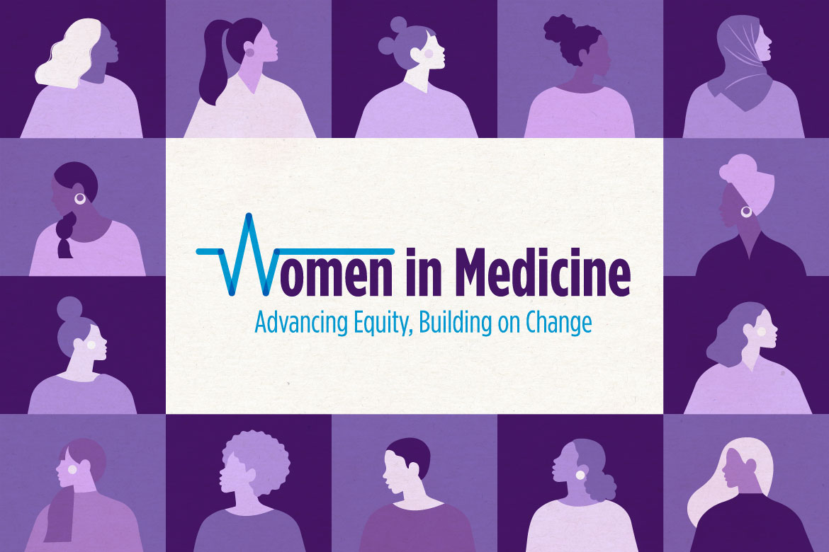 Women in Medicine Month - Advancing Equity, Building on Change in purple and blue text on a white background, surrounded by stylized illustrations of women in medicine