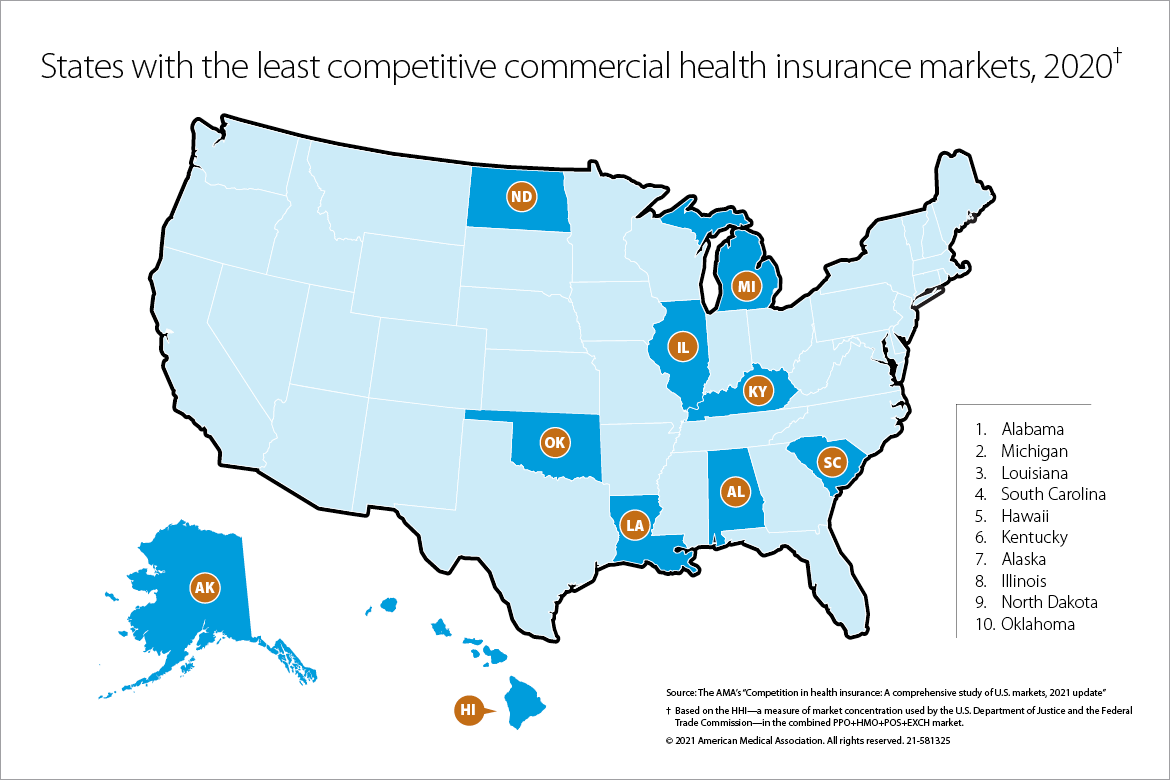 Graphic of map indicating 10 states with least competitive commercial markets. 