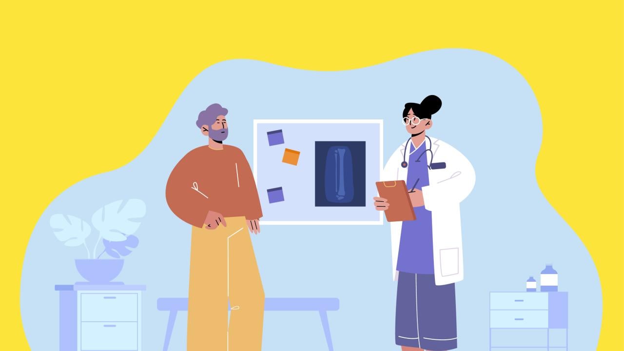 Illustration of resident looking at a diagnostic image