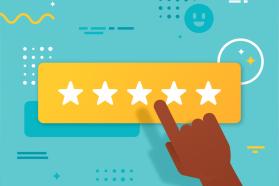 Hand pressing five star rating button web page user interface design