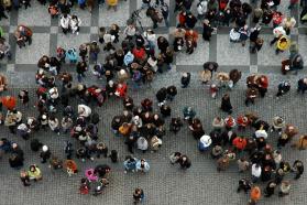 Overhead view of a group of people in a crowd.