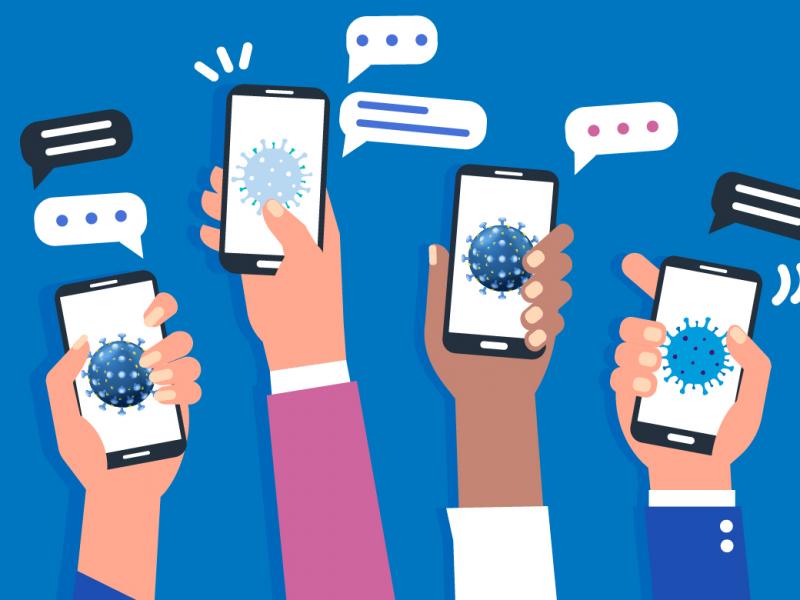 Graphic of hands holding smartphones