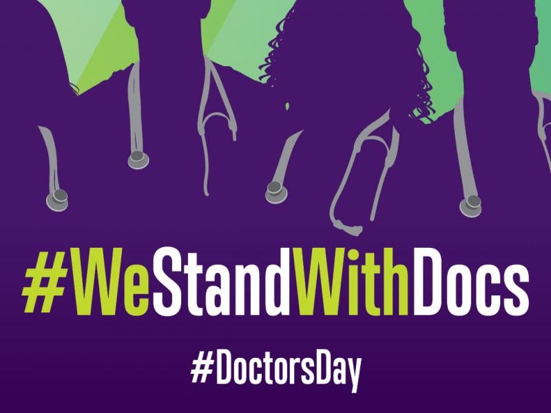 Graphic with an overlay that says We stand with doctors