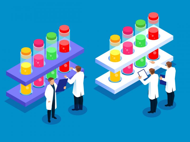 Clip art of figures in front of beakers