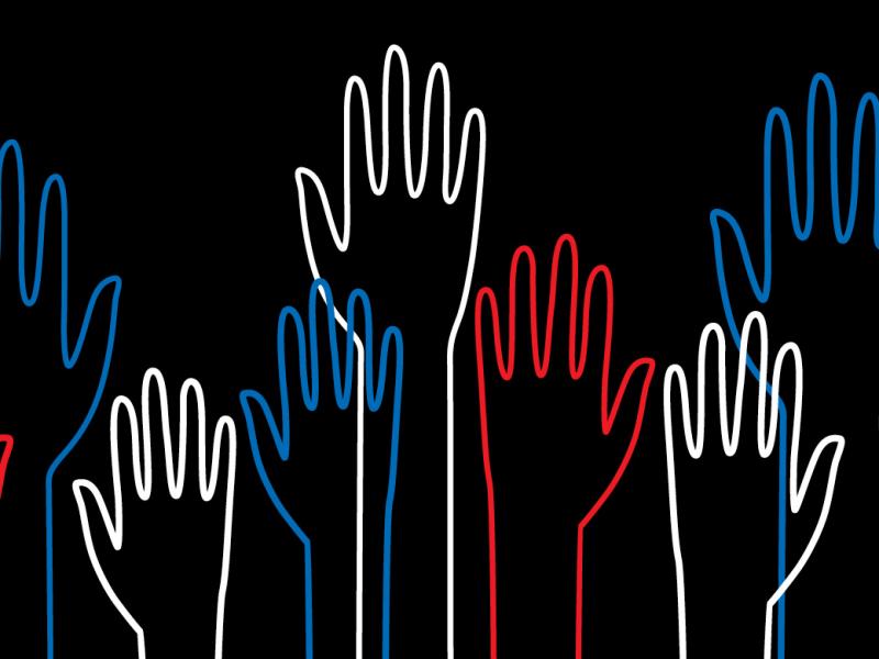 Illustration of many hands in red, white, and blue raised
