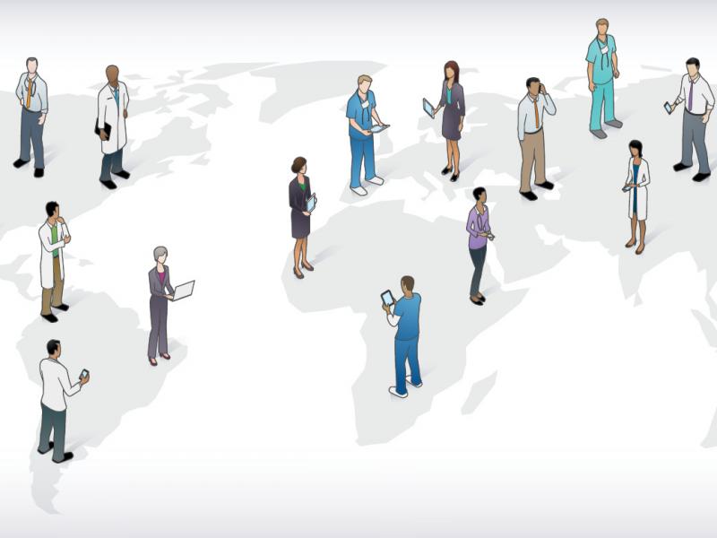 Illustration of a subtle map of the world, with heath care workers standing in different parts of the map.