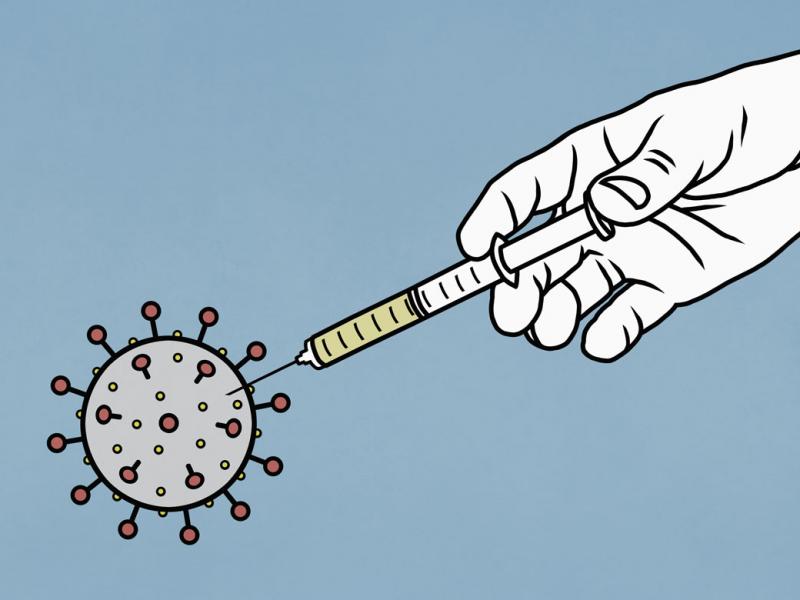 Illustration of a hand injecting a vaccine into a coronavirus.