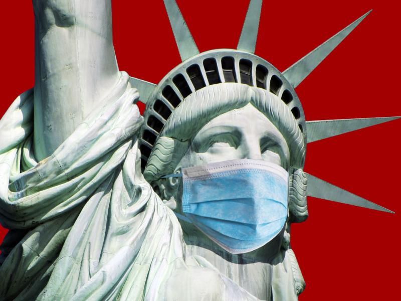 Statue of Liberty wearing a face mask