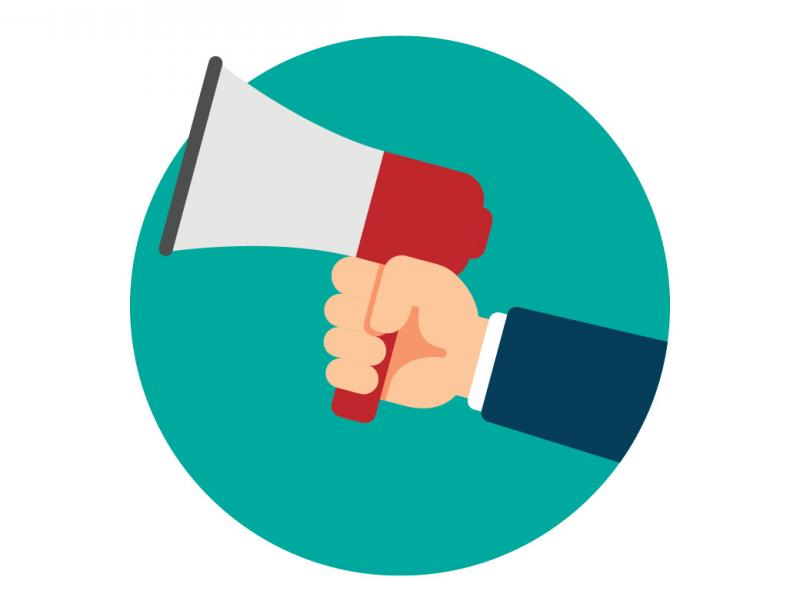 Illustration of a hand holding a bull horn.