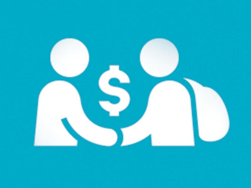 Two figures shaking hands with a dollar sign displayed between them