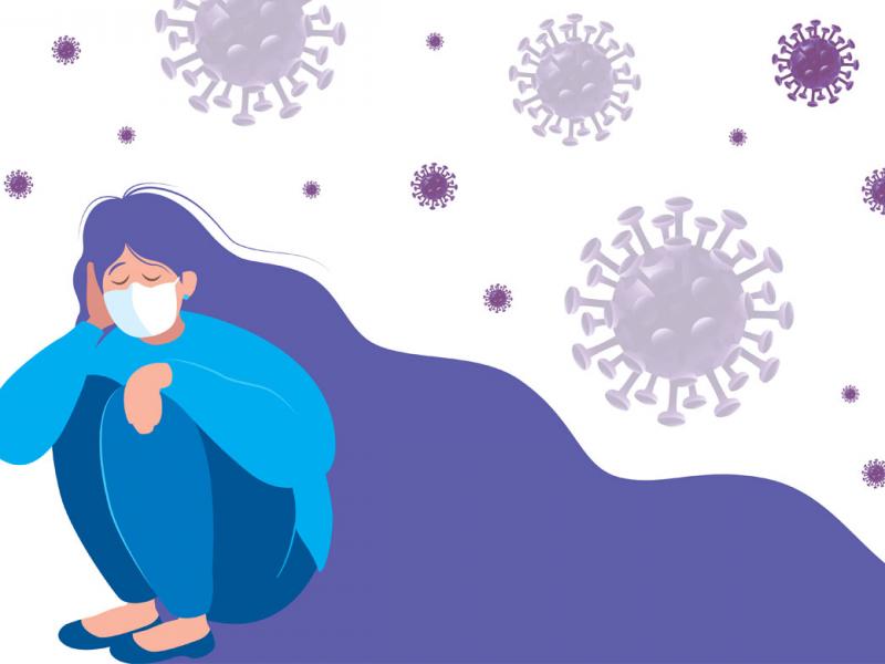 Person in mask surrounded by COVID-19 virus