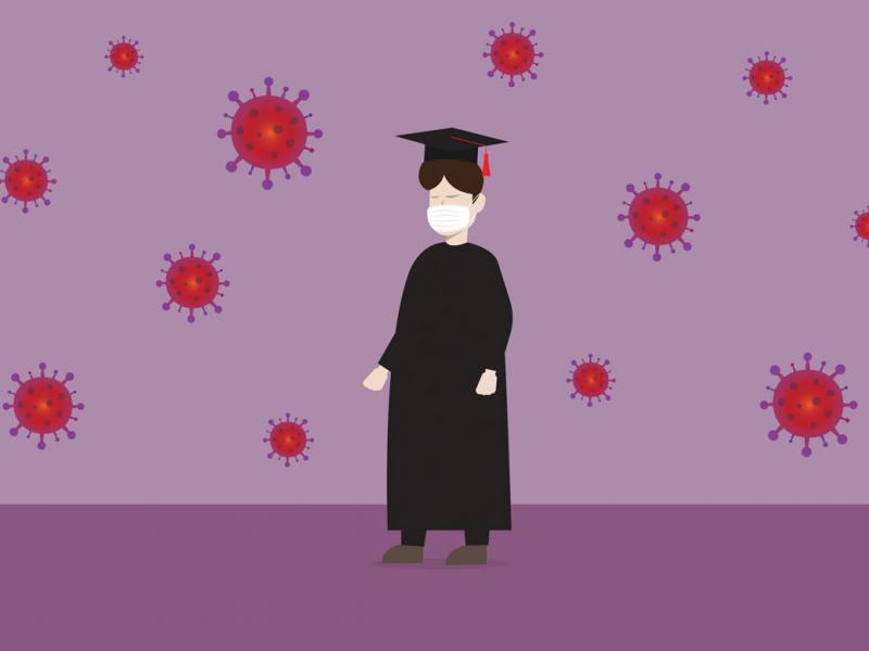 Graduate in cap and gown surrounded by coronavirus cells
