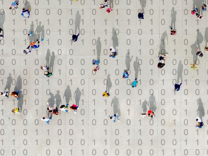 Crowd walking over binary code