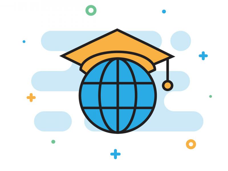 Illustration of a world globe wearing a graduation cap.