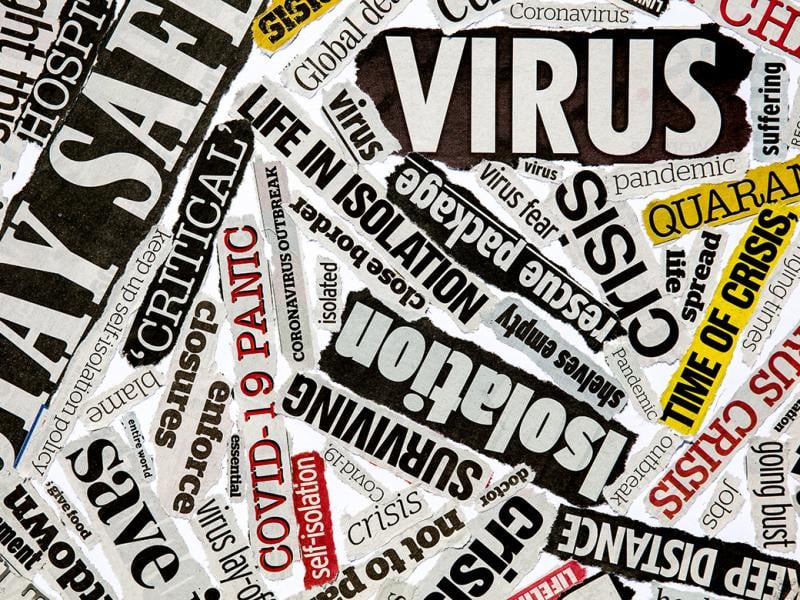 Montage of coronavirus (COVID) related words in newspaper print text format