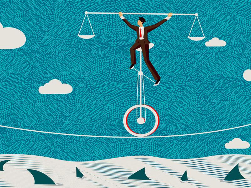 Illustration of a figure on a unicycle and tightrope