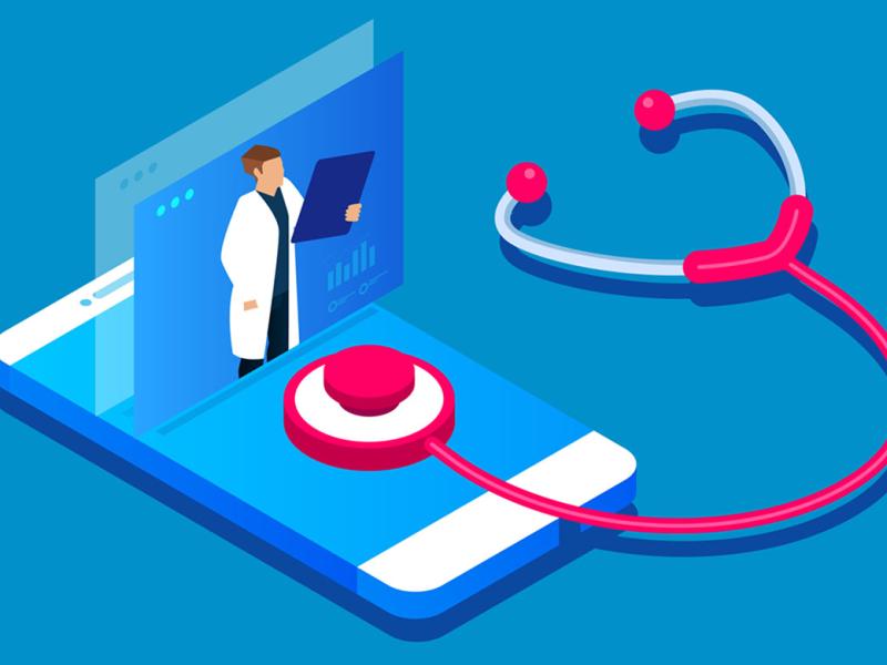  Illustration of a physician on a smartphone with a stethoscope