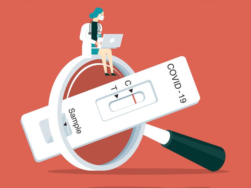 Covid-19 test in the middle of a magnifying lens with a physician sitting near the top