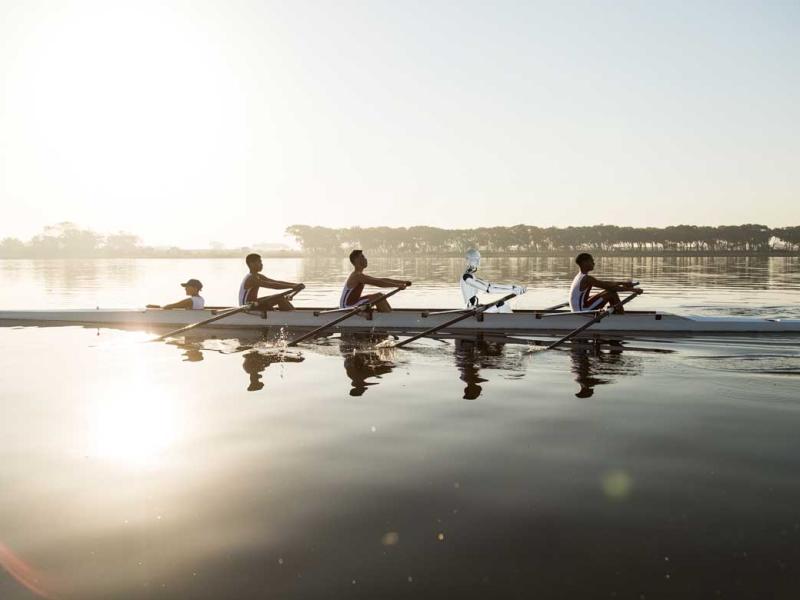 Rowing team training on a lake at dawn