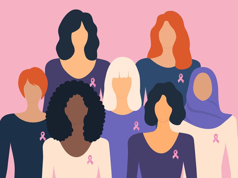 Diverse group of women wearing pink ribbons