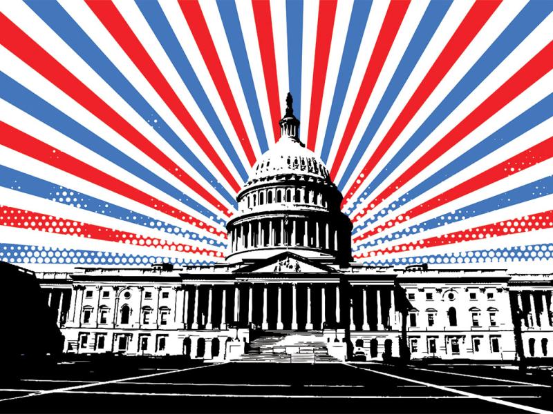 U.S. Capitol building with blue and red lines coming out at the top of the building