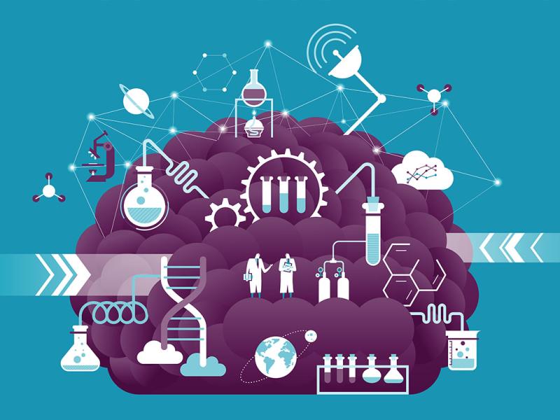 Cloud surrounding by research and development icons