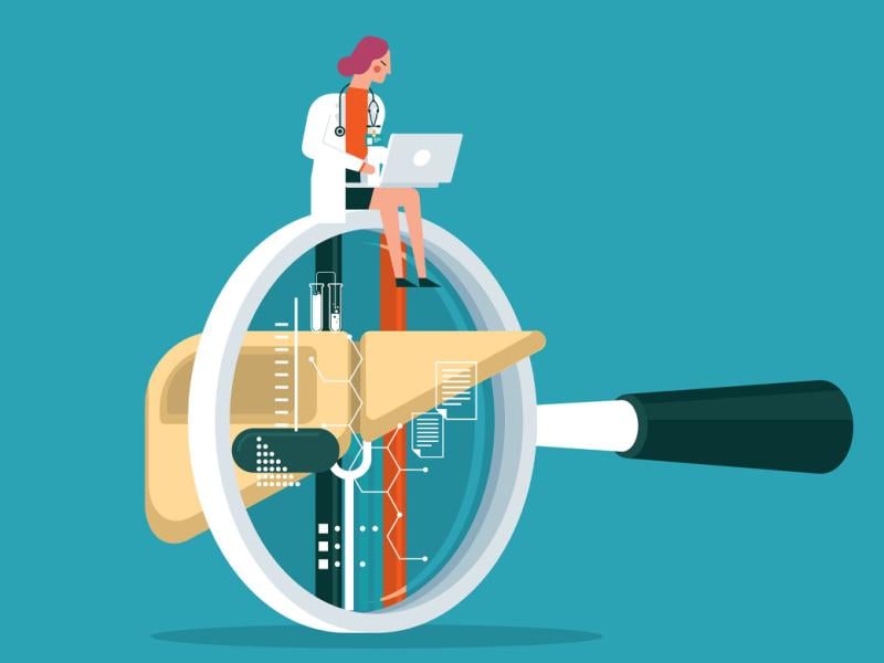 Physician on top of a magnifying glass