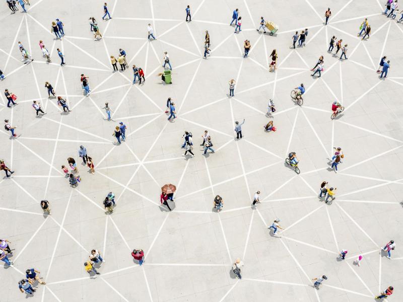 Aerial view of crowd connected by lines