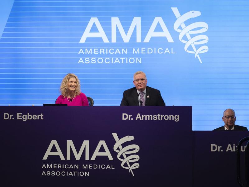 Speaker Lisa Egbert, MD, and Vice Speaker John Armstrong, MD, during opening session of 2023 Interim Meeting of HOD