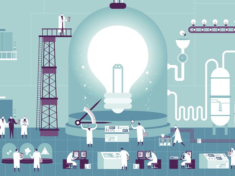 Various figures working with technical data and computers