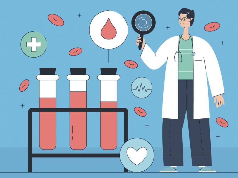 Doctor and three large vials surrounded by medical icons