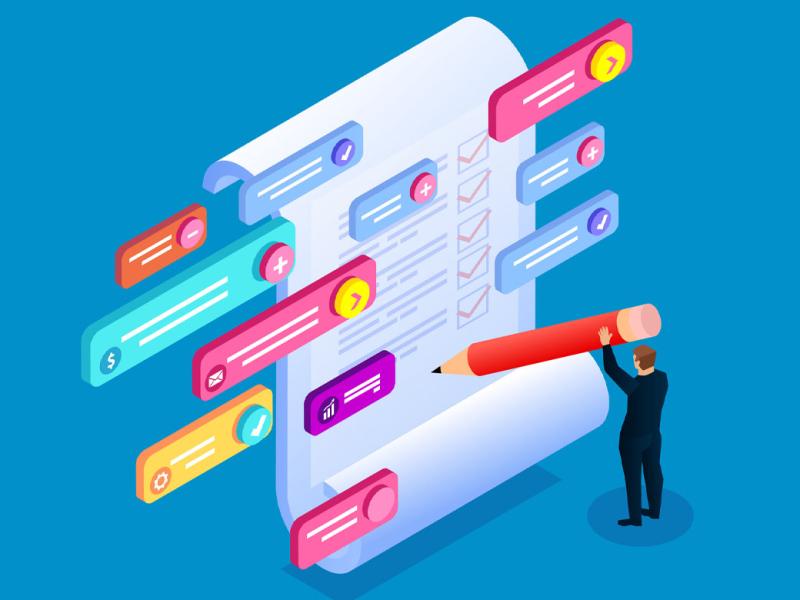 Figure holding a giant pencil and filling out a form