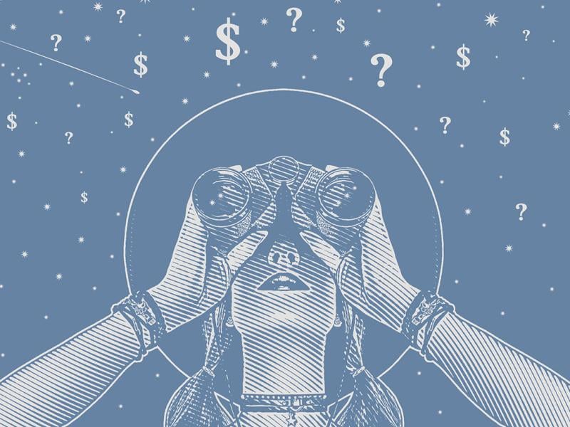 Person looking through binoculars to a sky filled with dollar signs and question marks