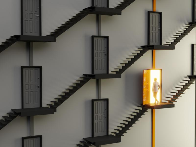 Abstract staircases and doors, one door is open and a figure is walking in