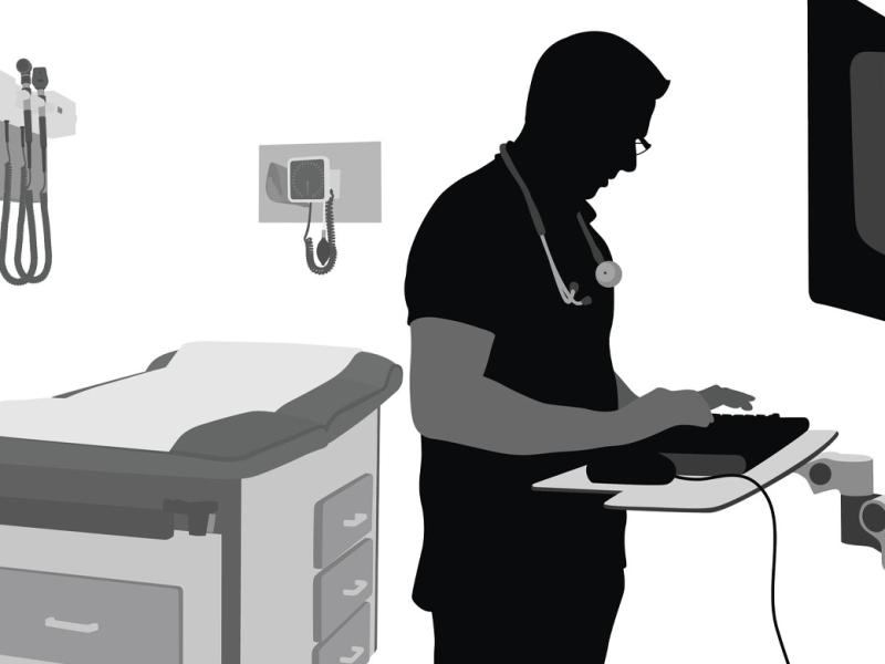 Silhouette illustration of a doctor using the computer in his exam room