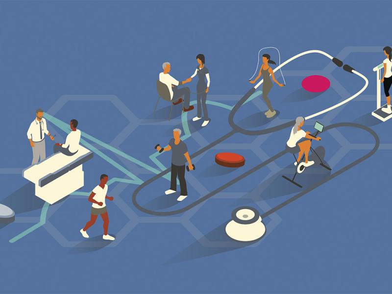 Patients, doctors, and health care professionals exercise and office visits with an emphasis on preventive medicine