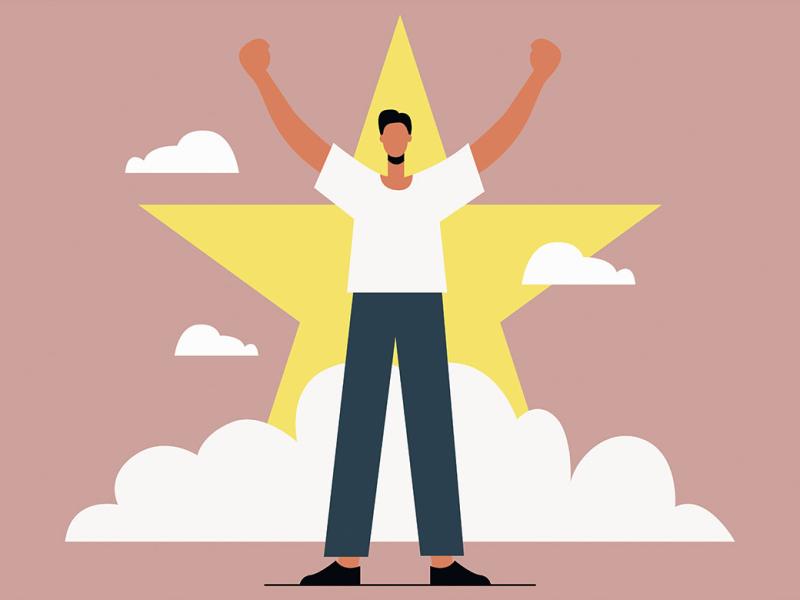 Figure holds up arms in victory