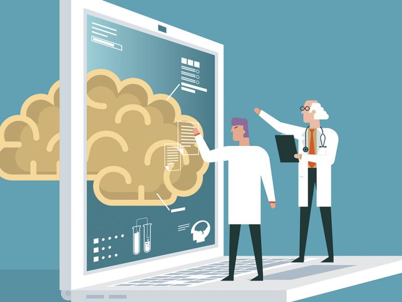 Two doctors inspect a giant brain on a computer screen
