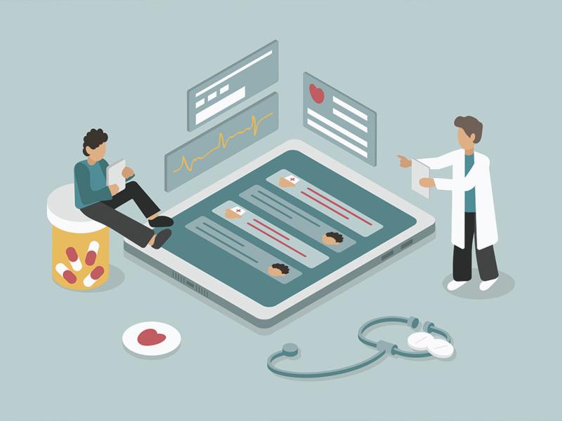 Physician and patient look over data surrounded by health care icons