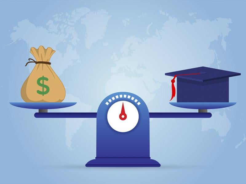 Bag of money and graduation cap on a scale