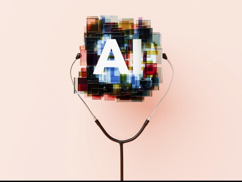 AI symbol equipped with stethoscope ear piece