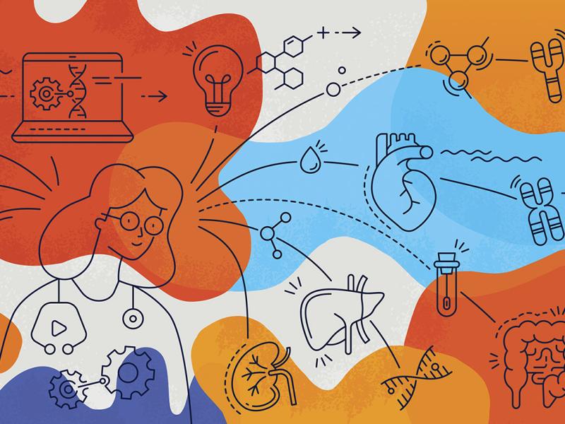 Biochemist surrounded with icons depicting biotechnology, genetic engineering and medicine