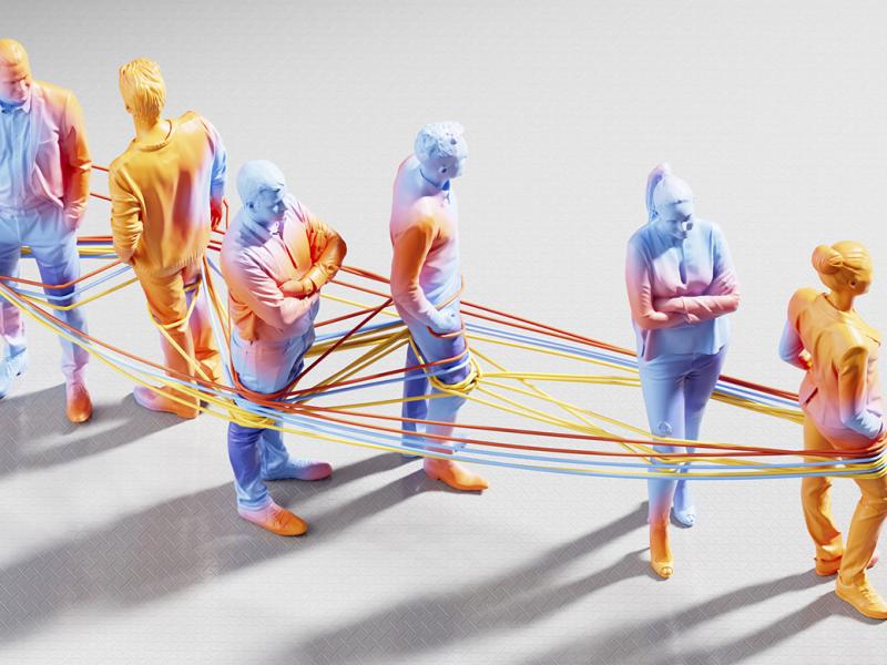 Standing figures connected by rubber bands