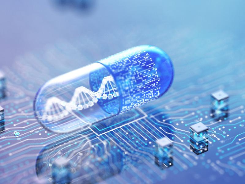 Futuristic blue capsule containing a DNA strand