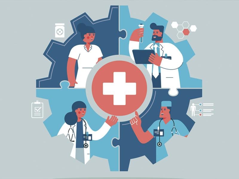 Health care figures in a circle to signify teamwork