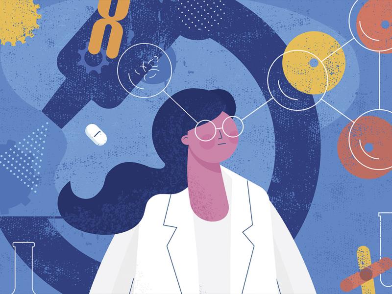 Illustration of physician with a microscope in the background