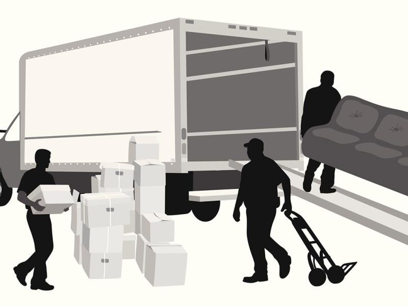 Figures moving household items into a truck